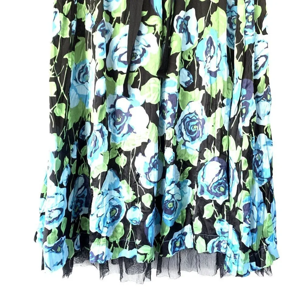 Free People Size 12 Floral Silk Flare Tulle Midi Dress Tie Back V-Neck - Picture 5 of 9
